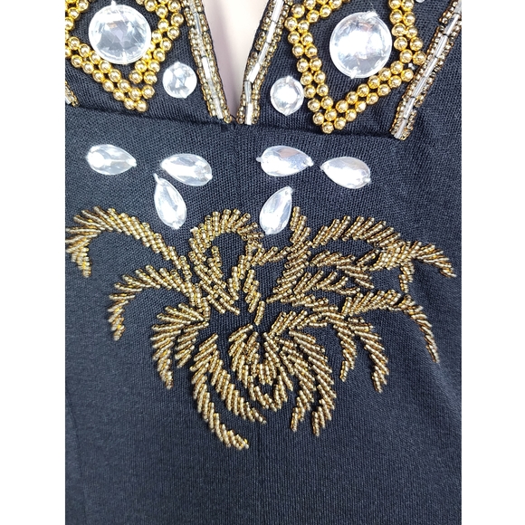Vtg 80s black beaded wool wiggle cocktail dress evening gown M - Picture 3 of 10